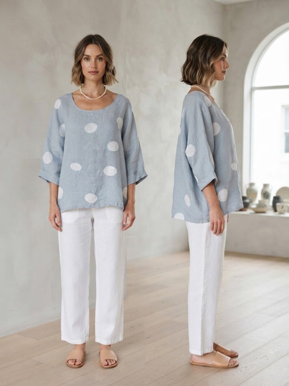 Made in Italy Loose Blue w/ White Polka Dots 100% Linen Women's Blouse Sz Large